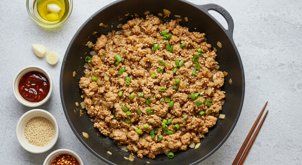 Quick and easy sesame ground chicken cooked in a skillet
