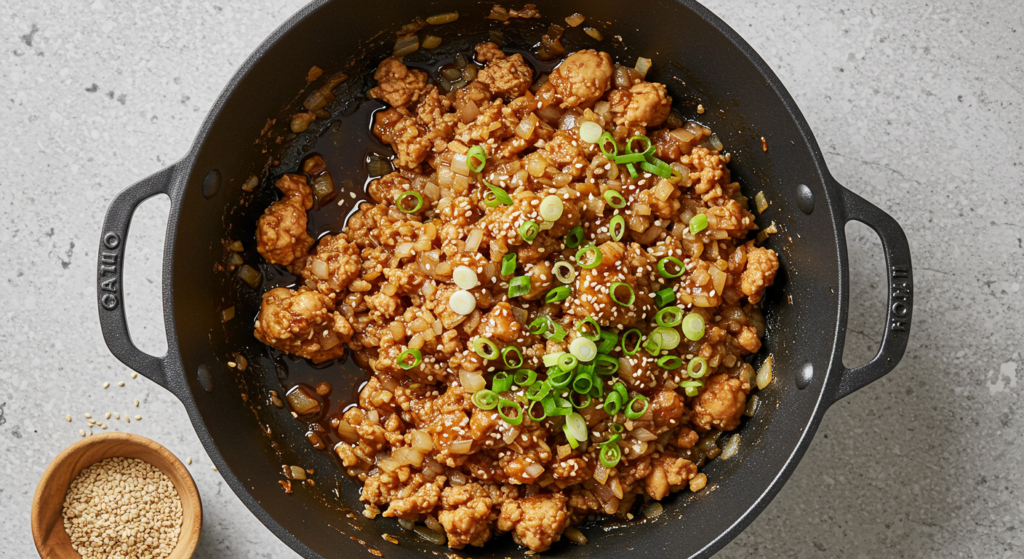 Asian-inspired sesame ground chicken plated with white rice
