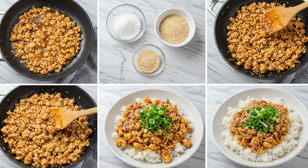 Savory sesame ground chicken in a black bowl with sesame seeds on top
