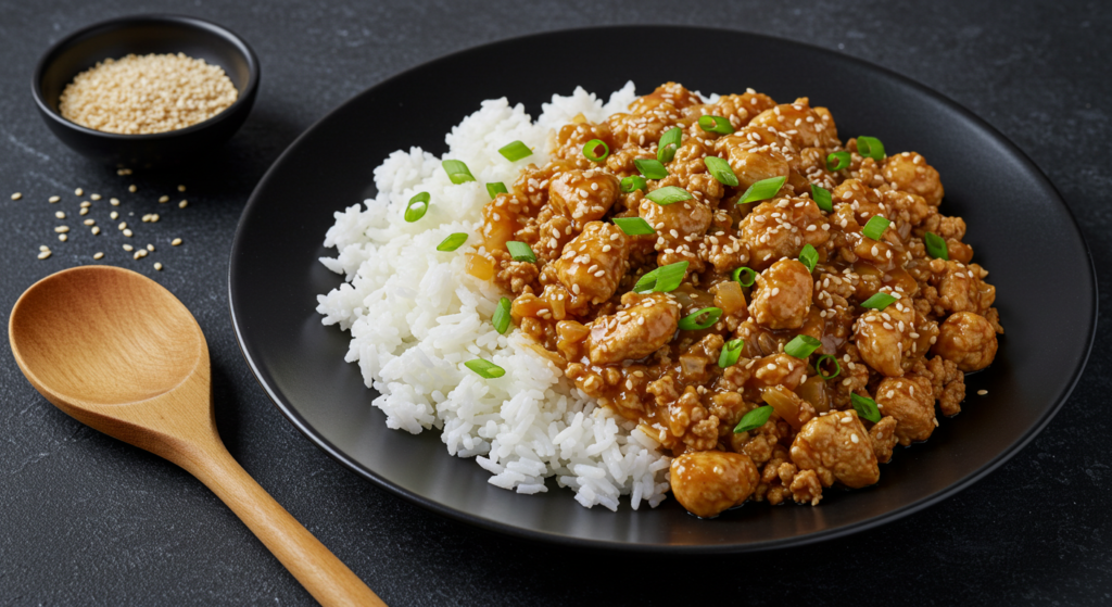 A bowl of sesame ground chicken with rice and vegetables