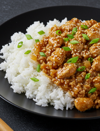 A bowl of sesame ground chicken with rice and vegetables