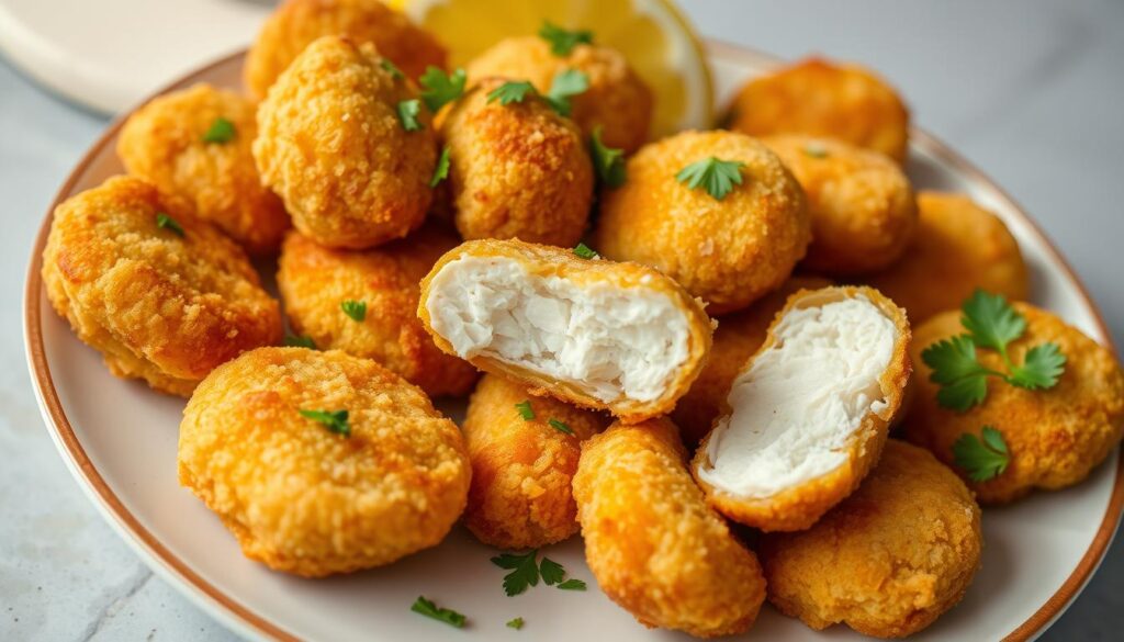 "Irresistibly crunchy and juicy homemade chicken nuggets."
